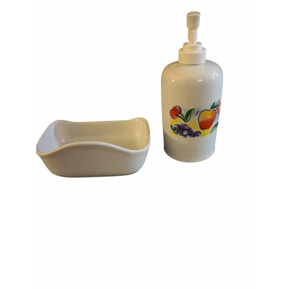 Vintage Corelle Abundance Fruit Ceramic Soap Dish & Lotion Dispenser Pump Set